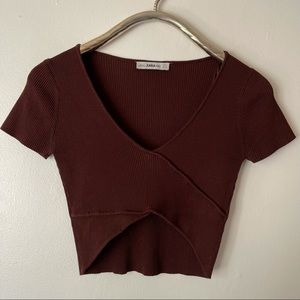 Brown Zara Cropped Ribbed Cutout Baby Tee
